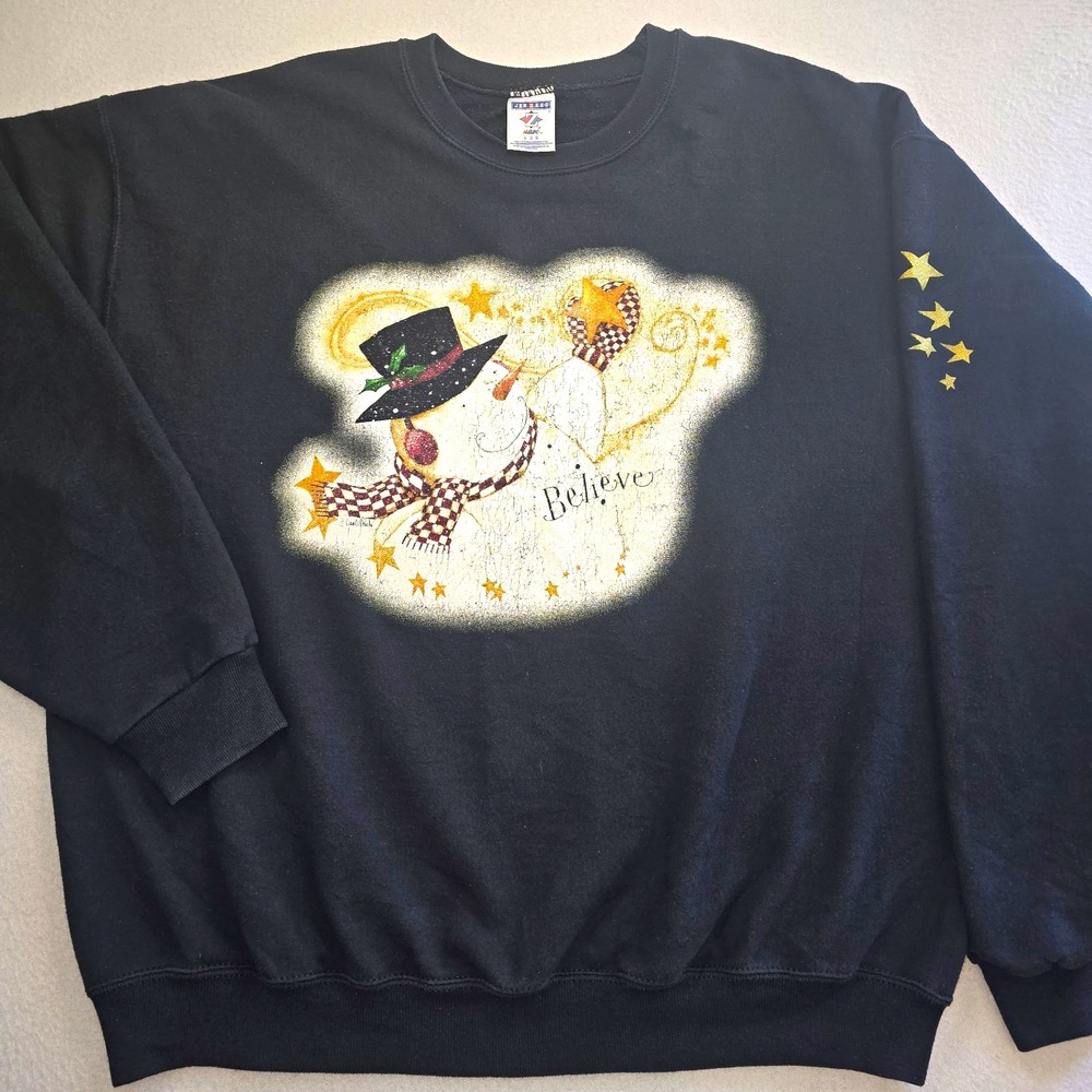 Vintage 90s Jerzees Snowman Sweatshirt L Dan DiPaolo Believe Christmas Crewneck.